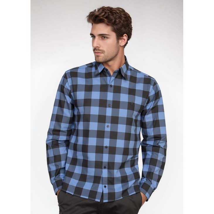 Camisa Xadrez Azul e Preta Manga Longa