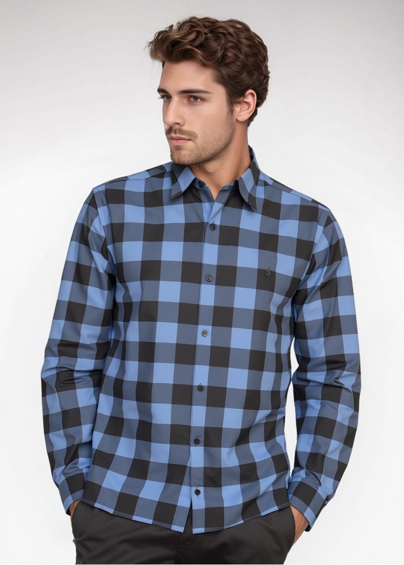 Camisa Xadrez Azul e Preta Manga Longa