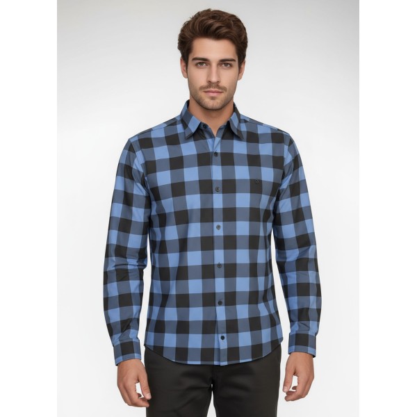 Camisa Xadrez Azul e Preta Manga Longa