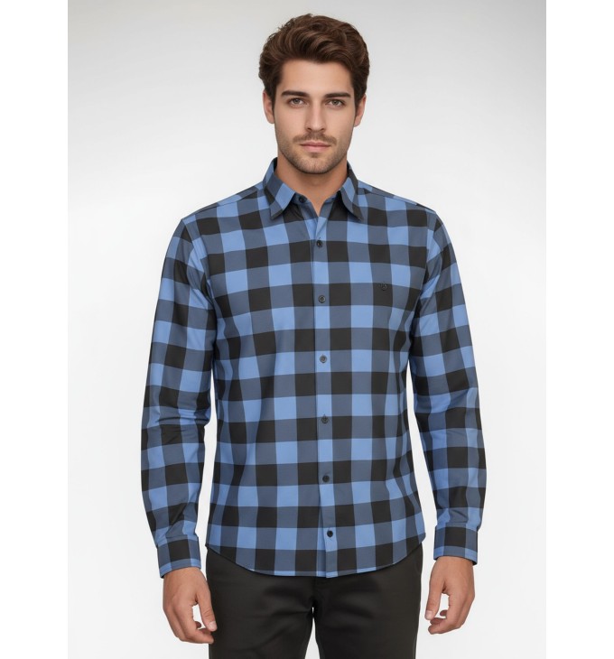 Camisa Xadrez Azul e Preta Manga Longa Camisa Xadrez Azul e Preta Manga Longa