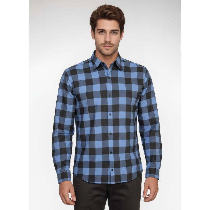 Camisa Xadrez Azul e Preta Manga Longa
