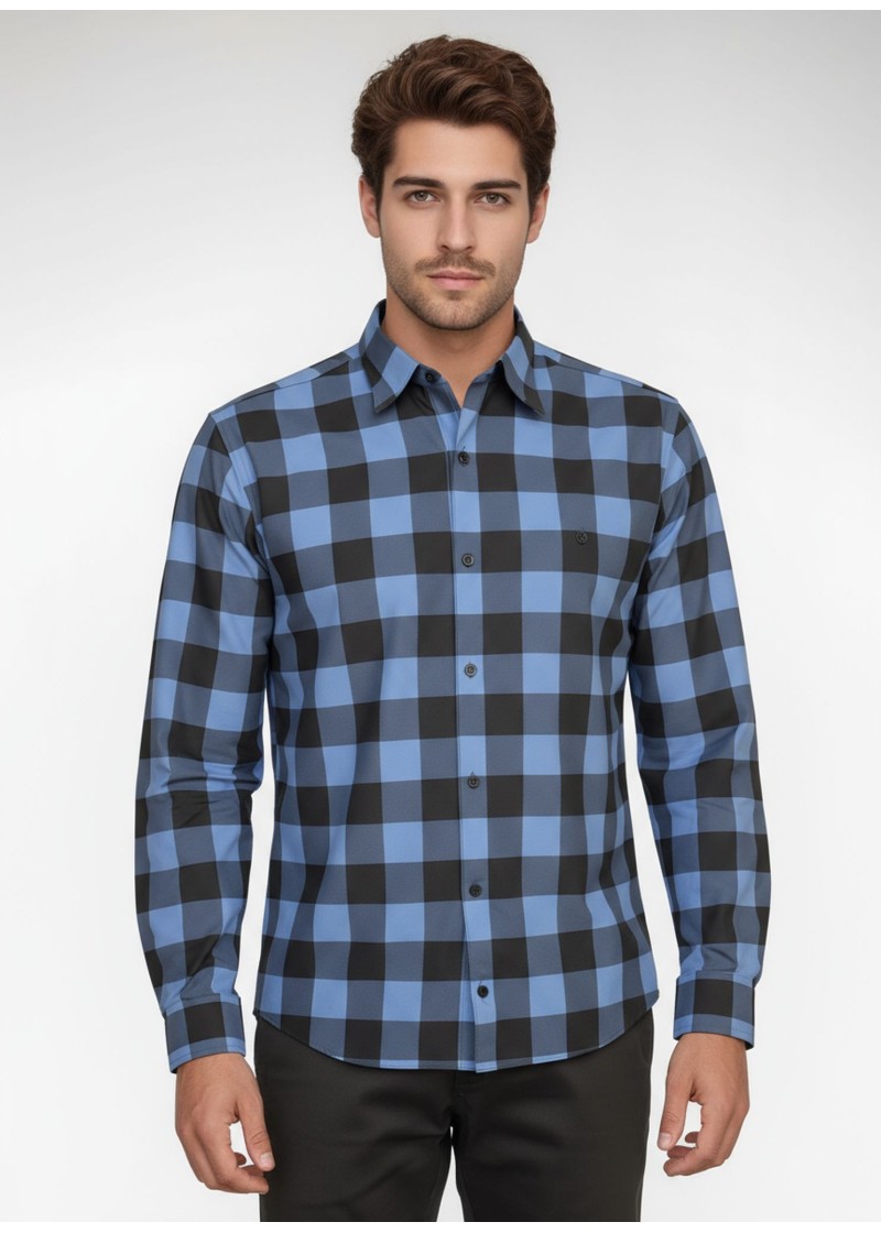 Camisa Xadrez Azul e Preta Manga Longa