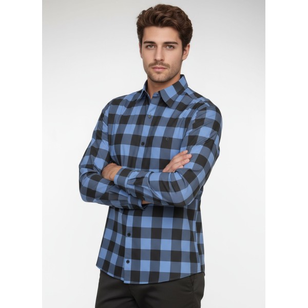 Camisa Xadrez Azul e Preta Manga Longa