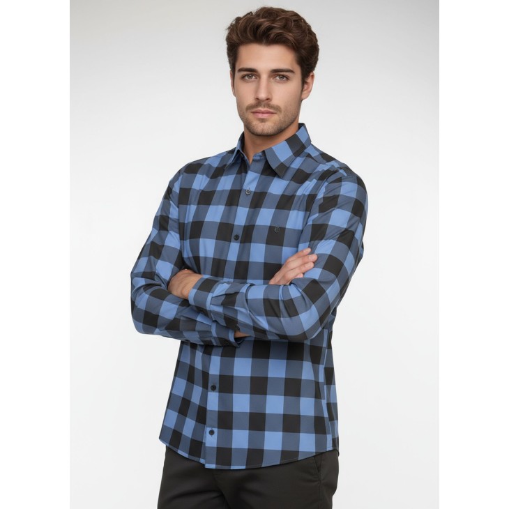 Camisa Xadrez Azul e Preta Manga Longa