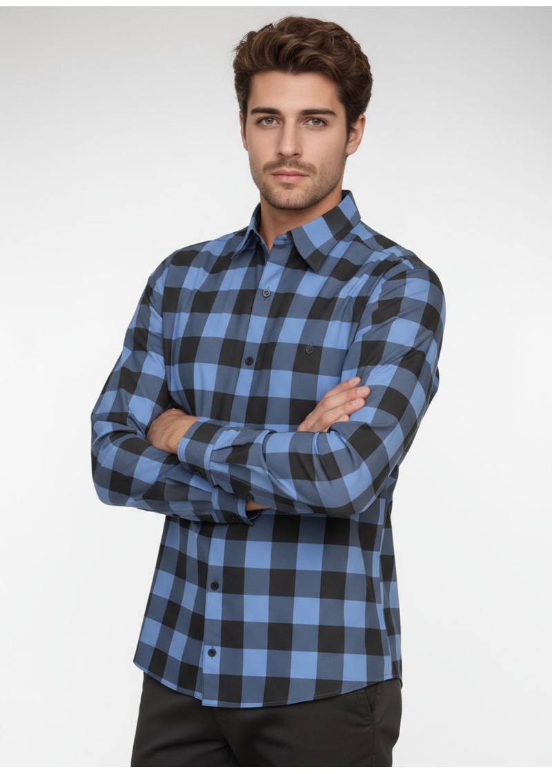 Camisa Xadrez Azul e Preta Manga Longa