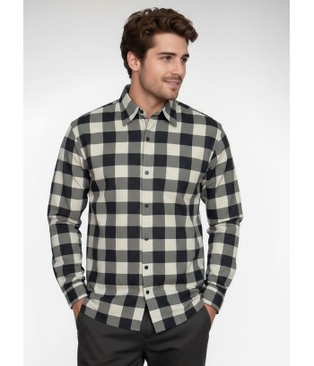 Camisa Xadrez Bege e Preta Manga Longa