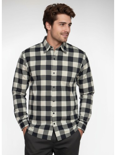 Camisa Xadrez Bege e Preta Manga Longa