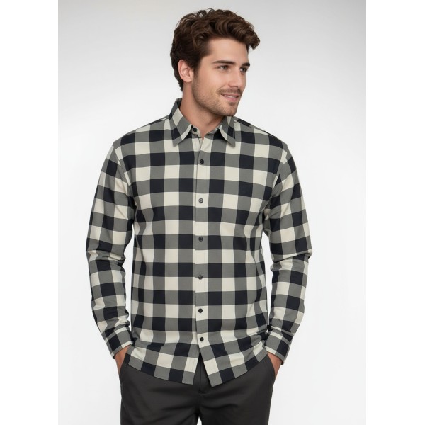 Camisa Xadrez Bege e Preta Manga Longa