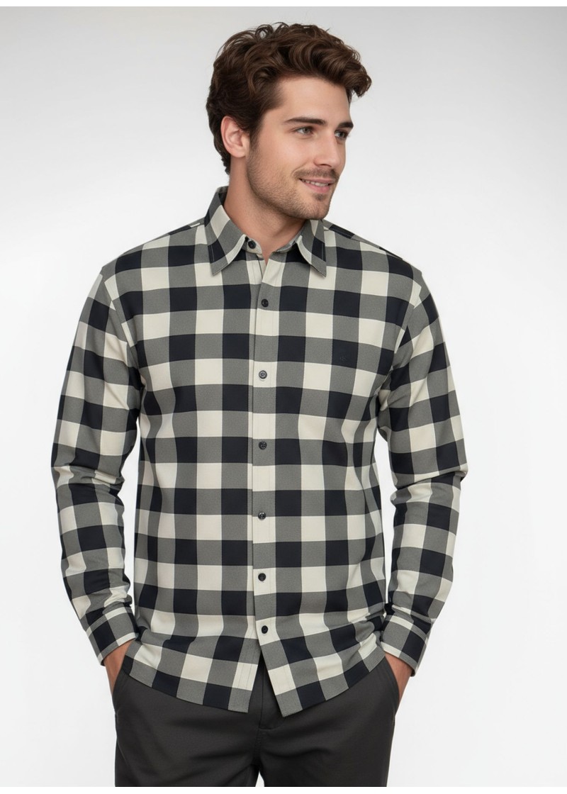 Camisa Xadrez Bege e Preta Manga Longa