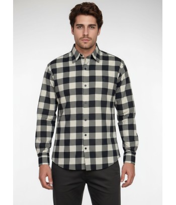 Camisa Xadrez Bege e Preta Manga Longa