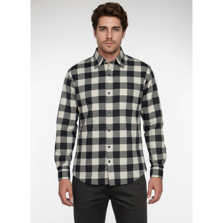 Camisa Xadrez Bege e Preta Manga Longa