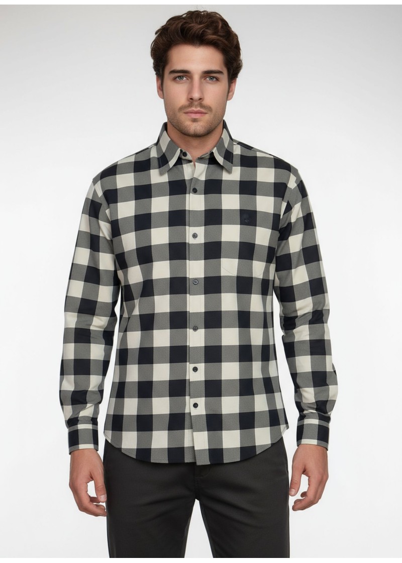 Camisa Xadrez Bege e Preta Manga Longa