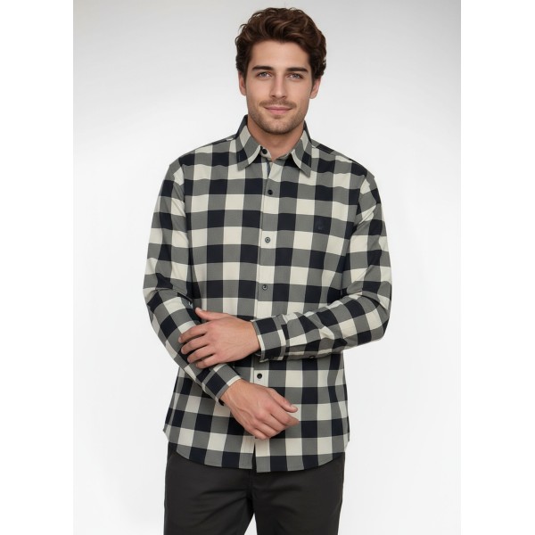 Camisa Xadrez Bege e Preta Manga Longa