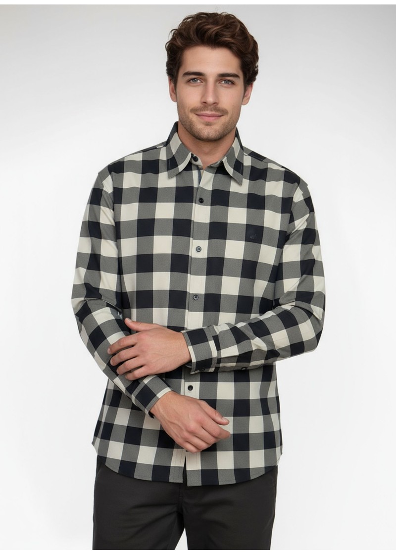 Camisa Xadrez Bege e Preta Manga Longa
