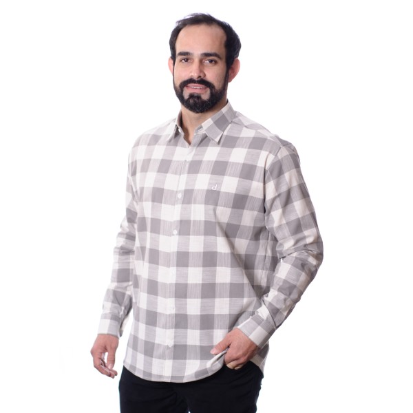 Camisa xadrez masculina cinza e branca