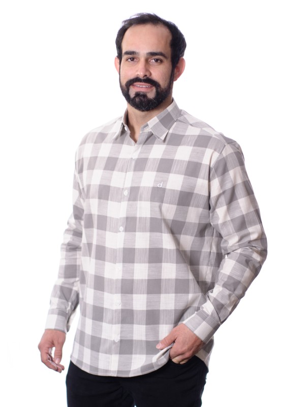 Camisa xadrez masculina cinza e branca