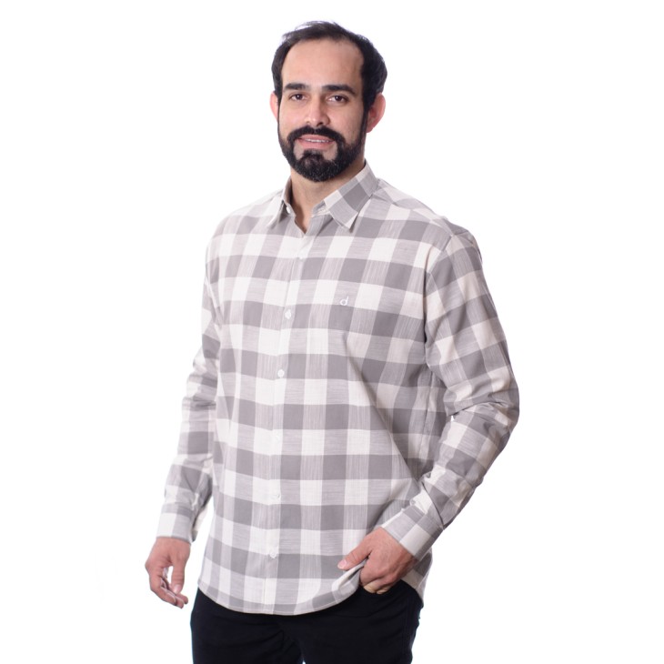Camisa xadrez masculina cinza e branca