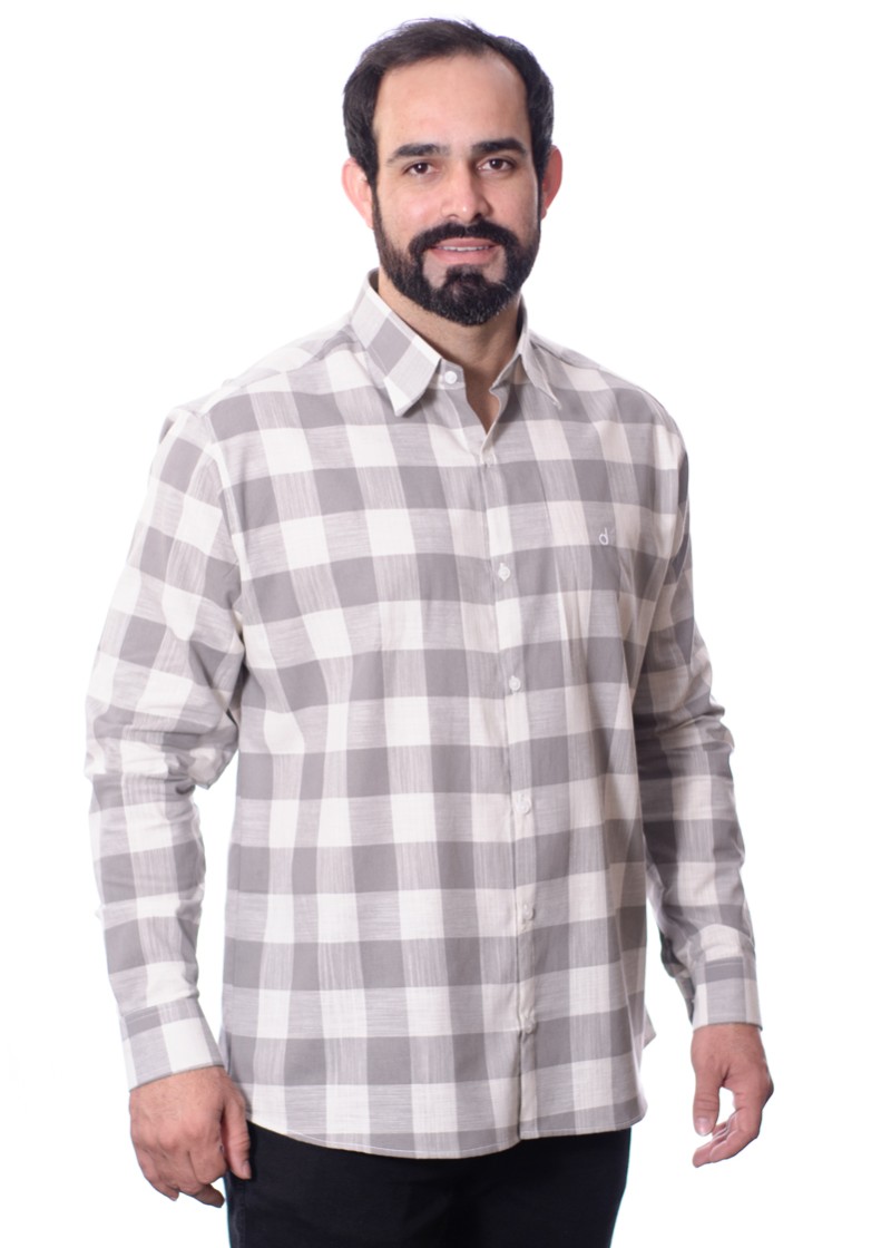 Camisa xadrez masculina cinza e branca