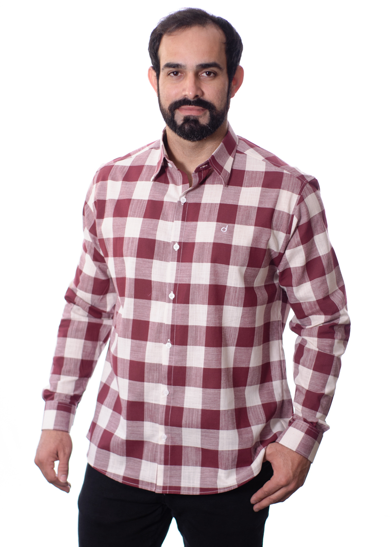 Camisa xadrez masculina vinho e branca