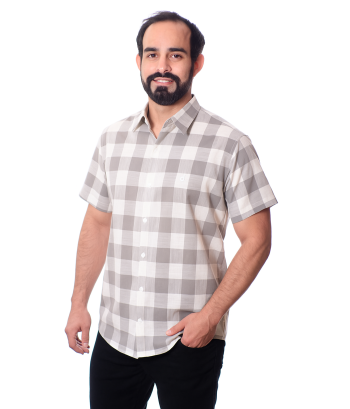 Camisa xadrez masculina cinza e branca manga curta