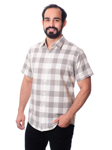 Camisa xadrez masculina cinza e branca manga curta