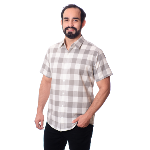 Camisa xadrez masculina cinza e branca manga curta