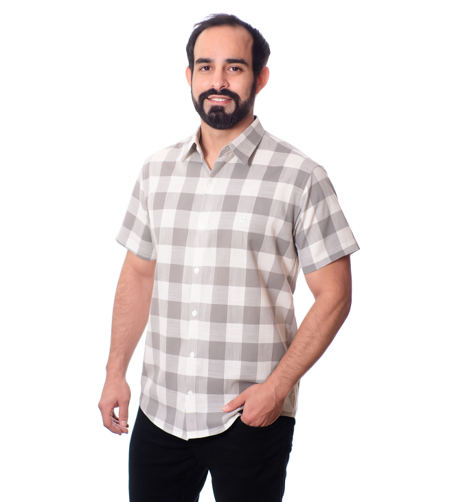 Camisa xadrez masculina cinza e branca manga curta Camisa xadrez masculina cinza e branca manga curta