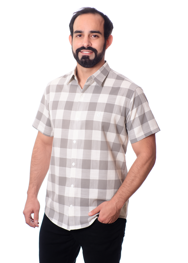 Camisa xadrez masculina cinza e branca manga curta