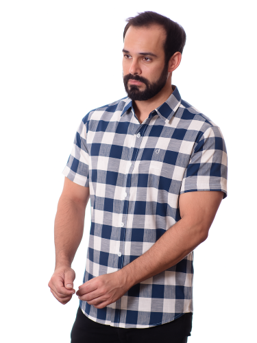 Camisa xadrez masculina marinho e branca manga curta