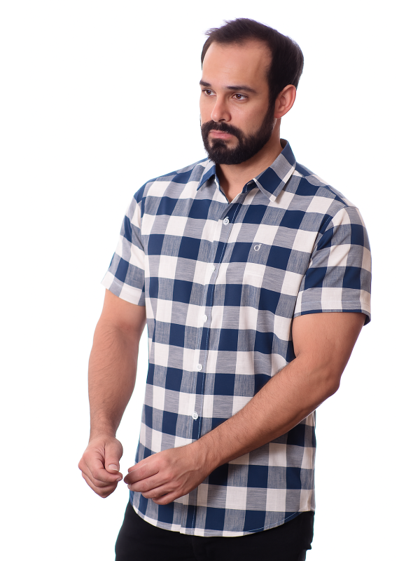 Camisa xadrez masculina marinho e branca manga curta Camisa xadrez masculina marinho e branca manga curta