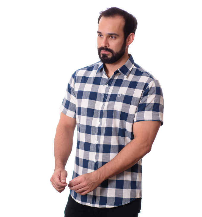 Camisa xadrez masculina marinho e branca manga curta Camisa xadrez masculina marinho e branca manga curta