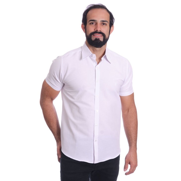 Camisa social branca masculina de tricoline manga curta