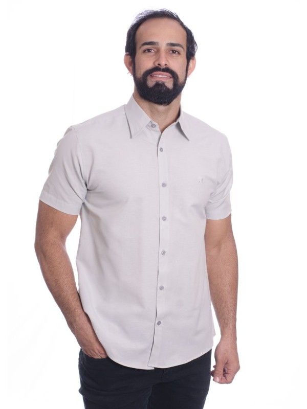 Camisa social cinza clara masculina de tricoline manga curta