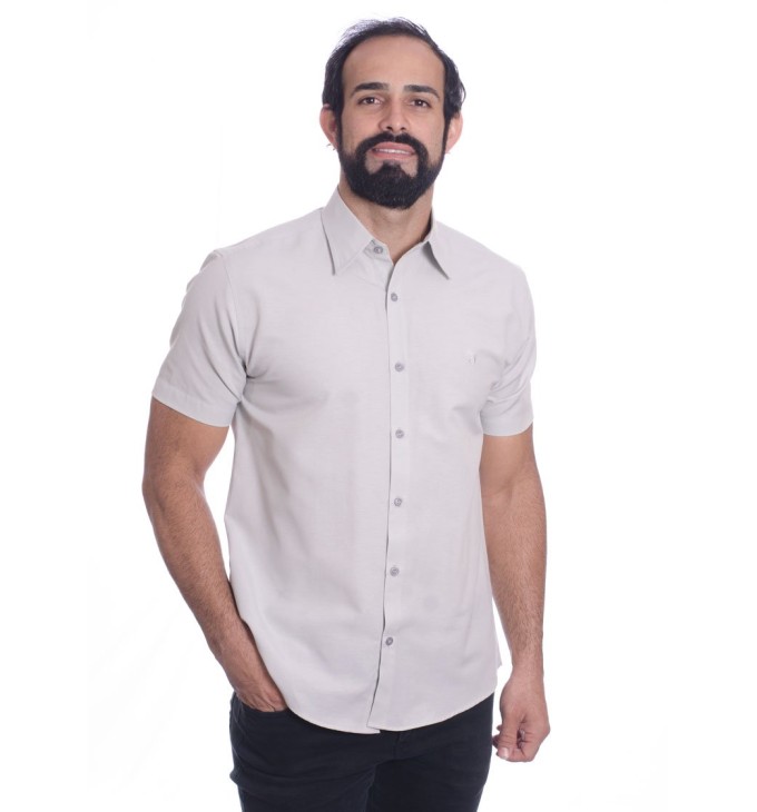 Camisa social cinza clara masculina de tricoline manga curta Camisa social cinza clara masculina de tricoline manga curta