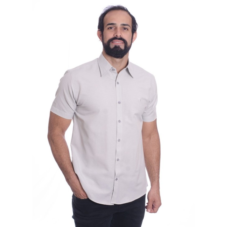 Camisa social cinza clara masculina de tricoline manga curta