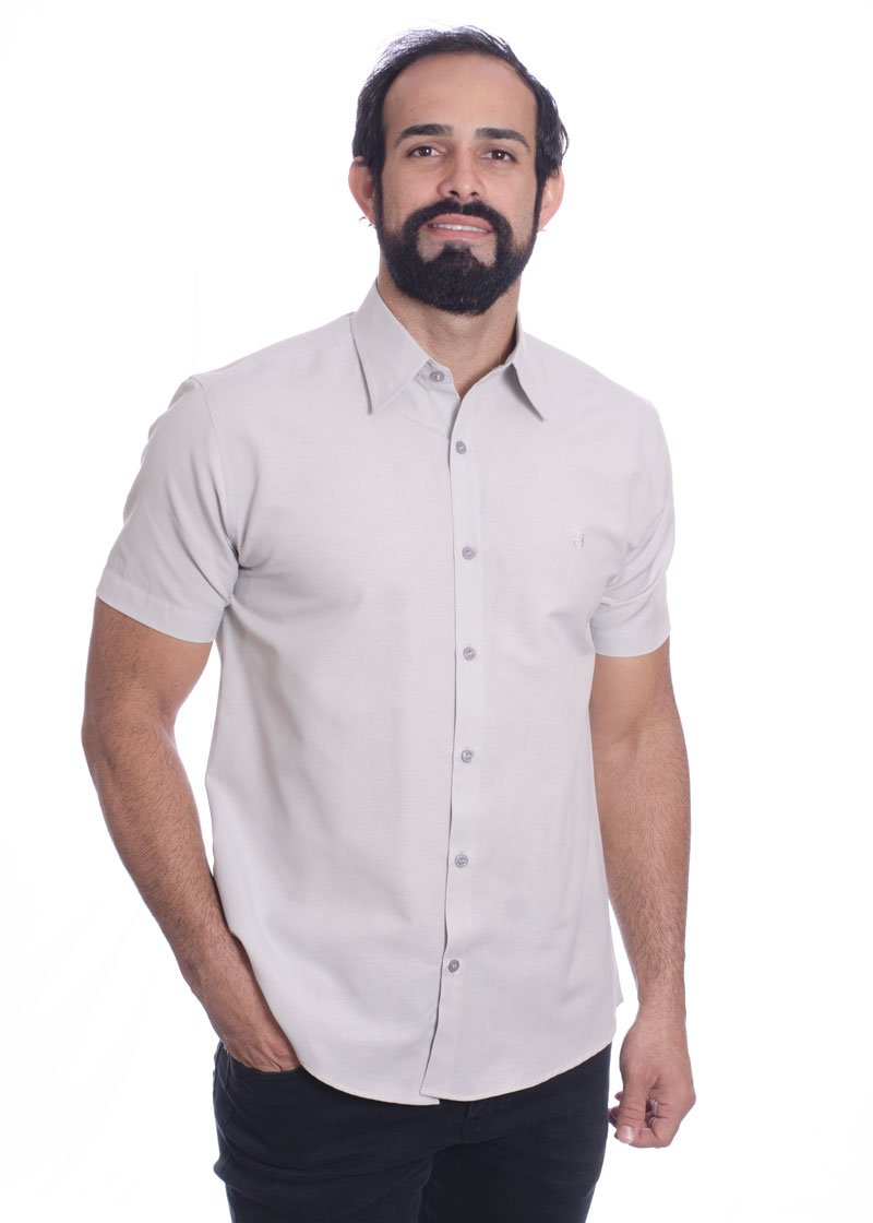 Camisa social cinza clara masculina de tricoline manga curta
