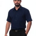 Camisa social azul marinho masculina de tricoline manga curta