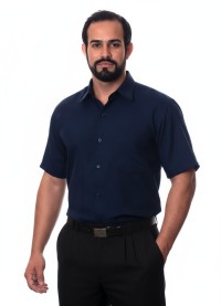 Camisa social azul marinho masculina de tricoline manga curta