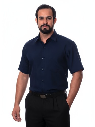 Camisa social azul marinho masculina de tricoline manga curta