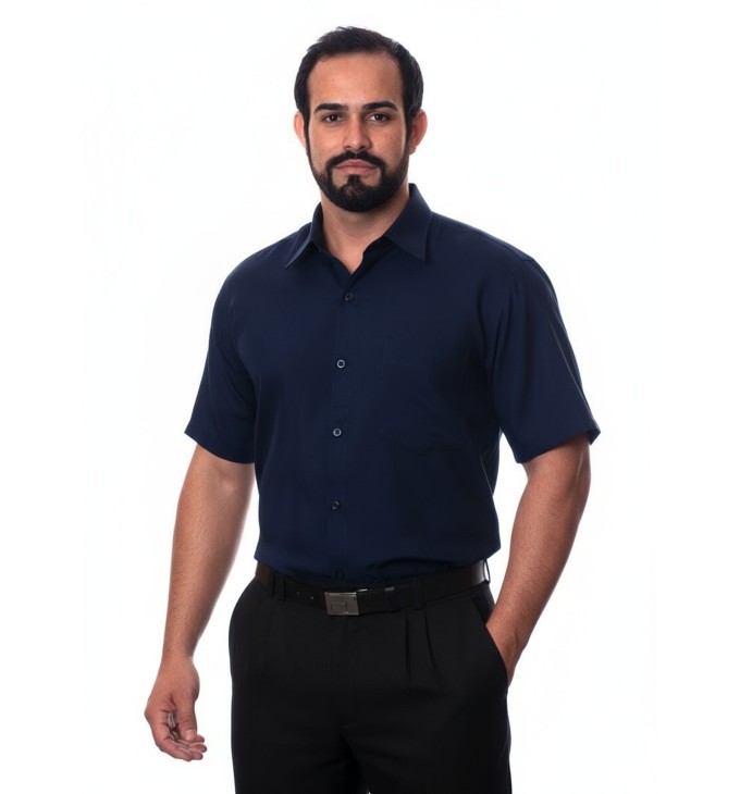 Camisa social azul marinho masculina de tricoline manga curta