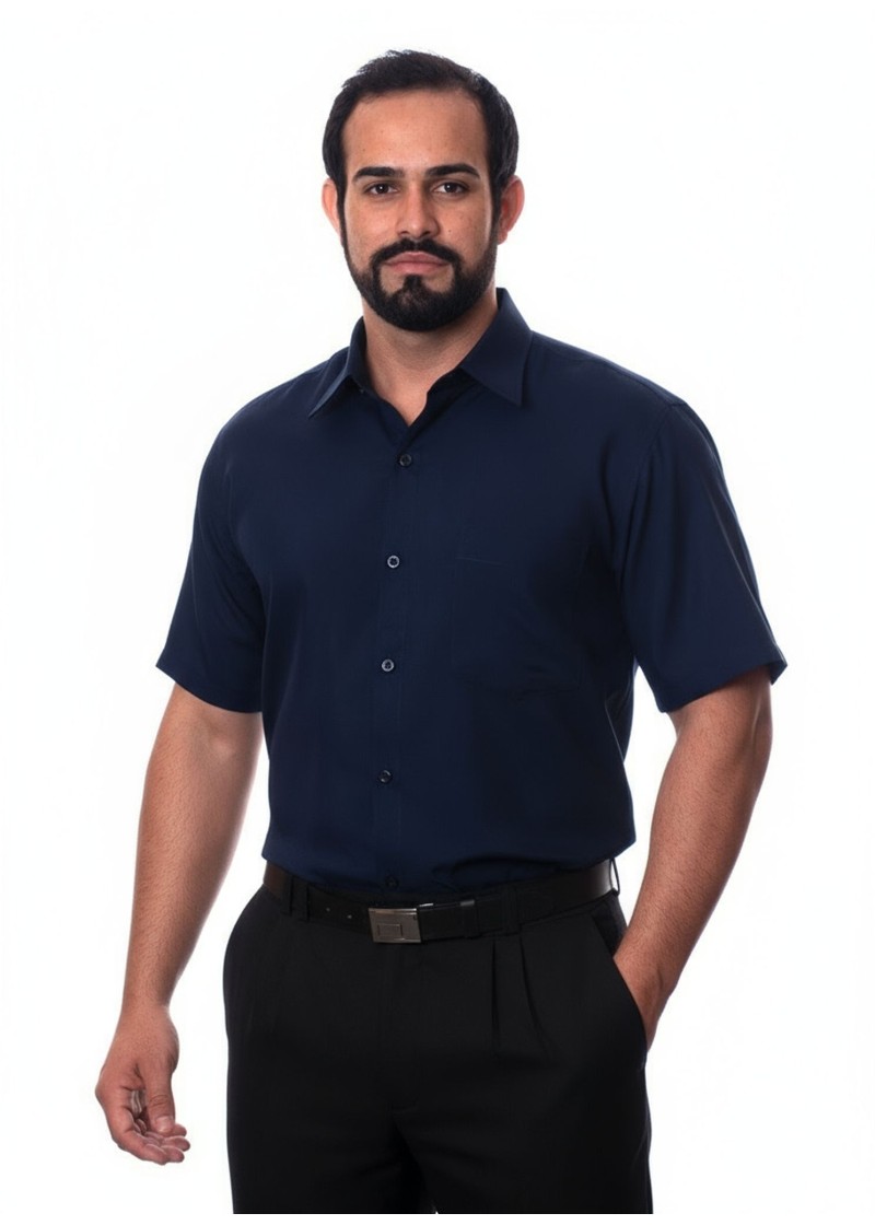 Camisa social azul marinho masculina de tricoline manga curta