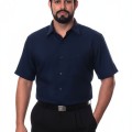 Camisa social azul marinho masculina de tricoline manga curta