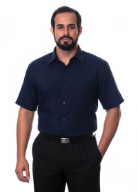 Camisa social azul marinho masculina de tricoline manga curta