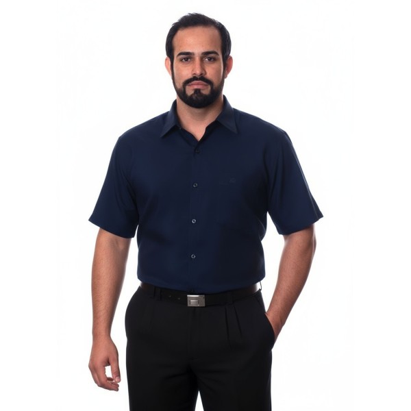 Camisa social azul marinho masculina de tricoline manga curta