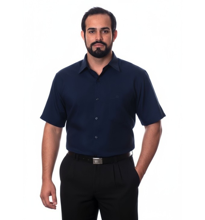 Camisa social azul marinho masculina de tricoline manga curta