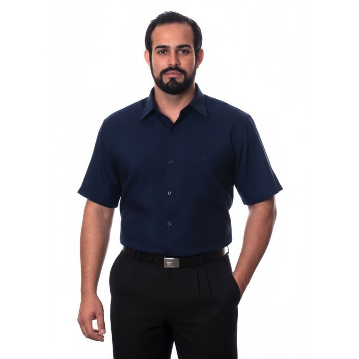 Camisa social azul marinho masculina de tricoline manga curta