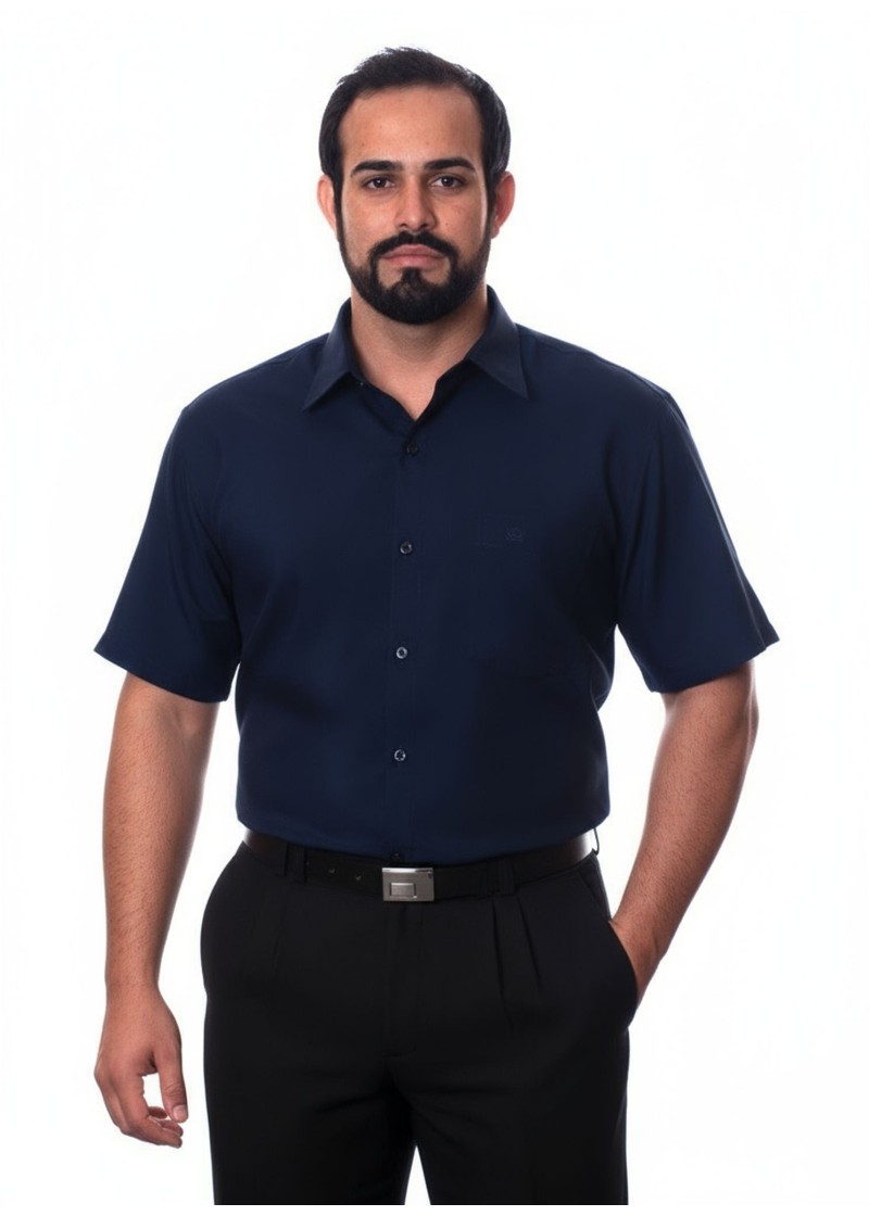 Camisa social azul marinho masculina de tricoline manga curta