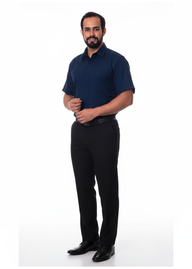 Camisa social azul marinho masculina de tricoline manga curta