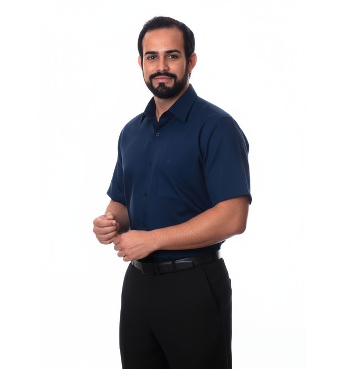 Camisa social azul marinho masculina de tricoline manga curta