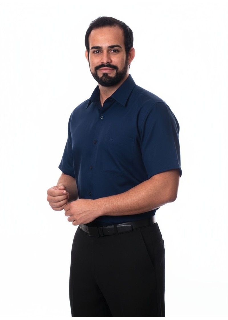 Camisa social azul marinho masculina de tricoline manga curta